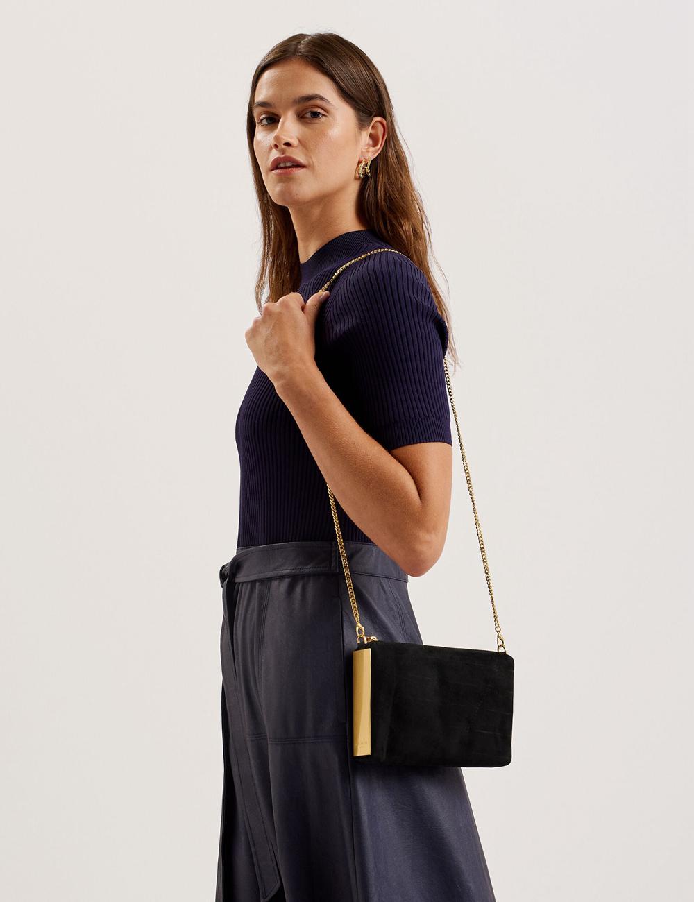 Women Ted Baker JEINER - Suede Clutch With Hardware Sides Clutch Bag Black | CIBL53926