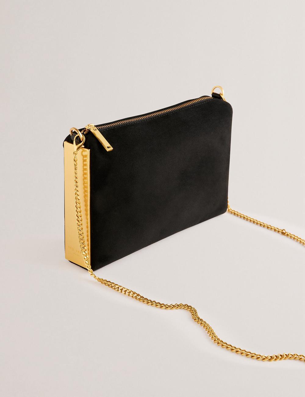 Women Ted Baker JEINER - Suede Clutch With Hardware Sides Clutch Bag Black | CIBL53926