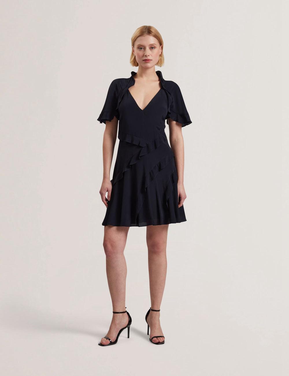 Women Ted Baker JOJII - Frill Trim Angel Sleeve Mini Dresses Navy | DUBW81052