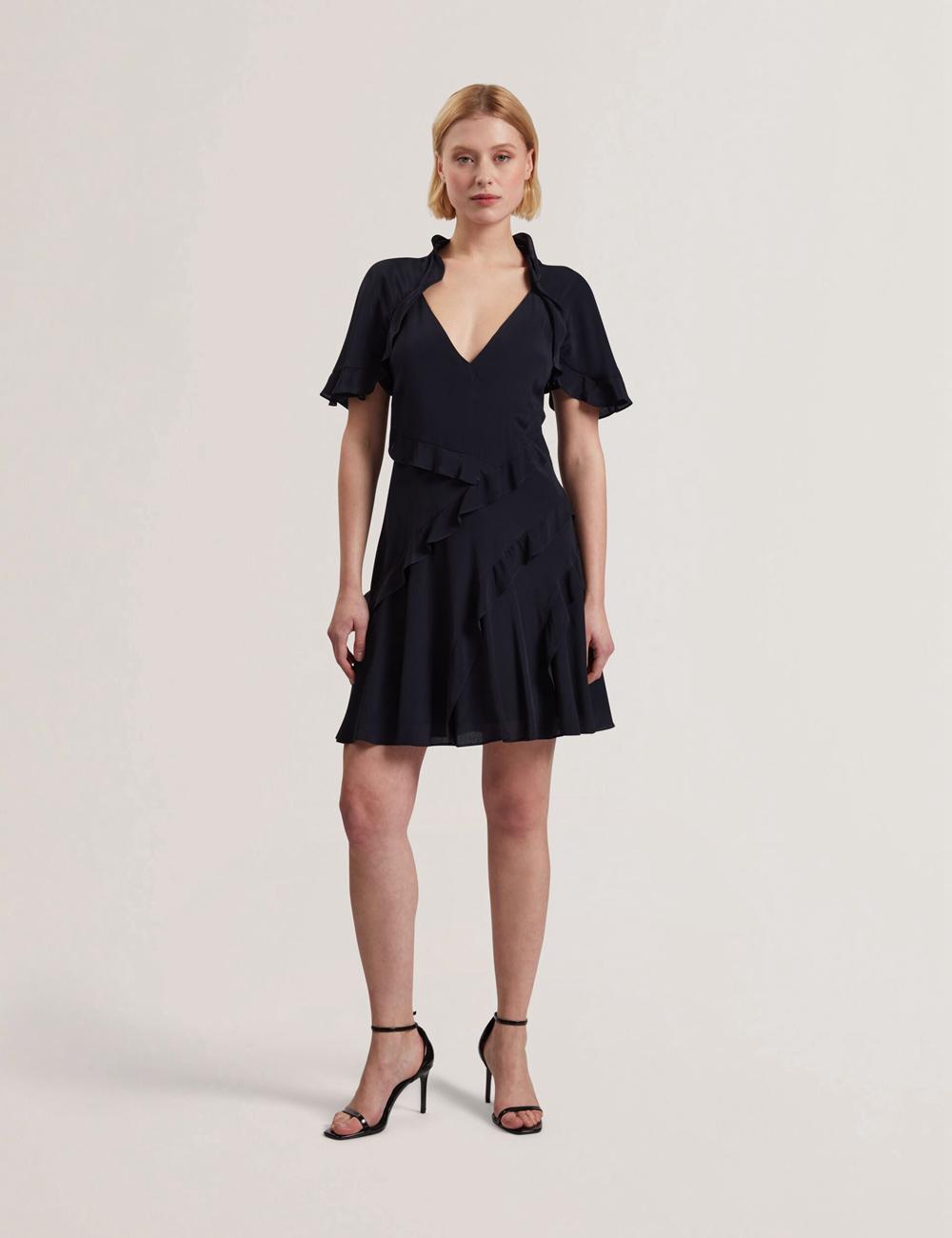 Women Ted Baker JOJII - Frill Trim Angel Sleeve Mini Dresses Navy | DUBW81052