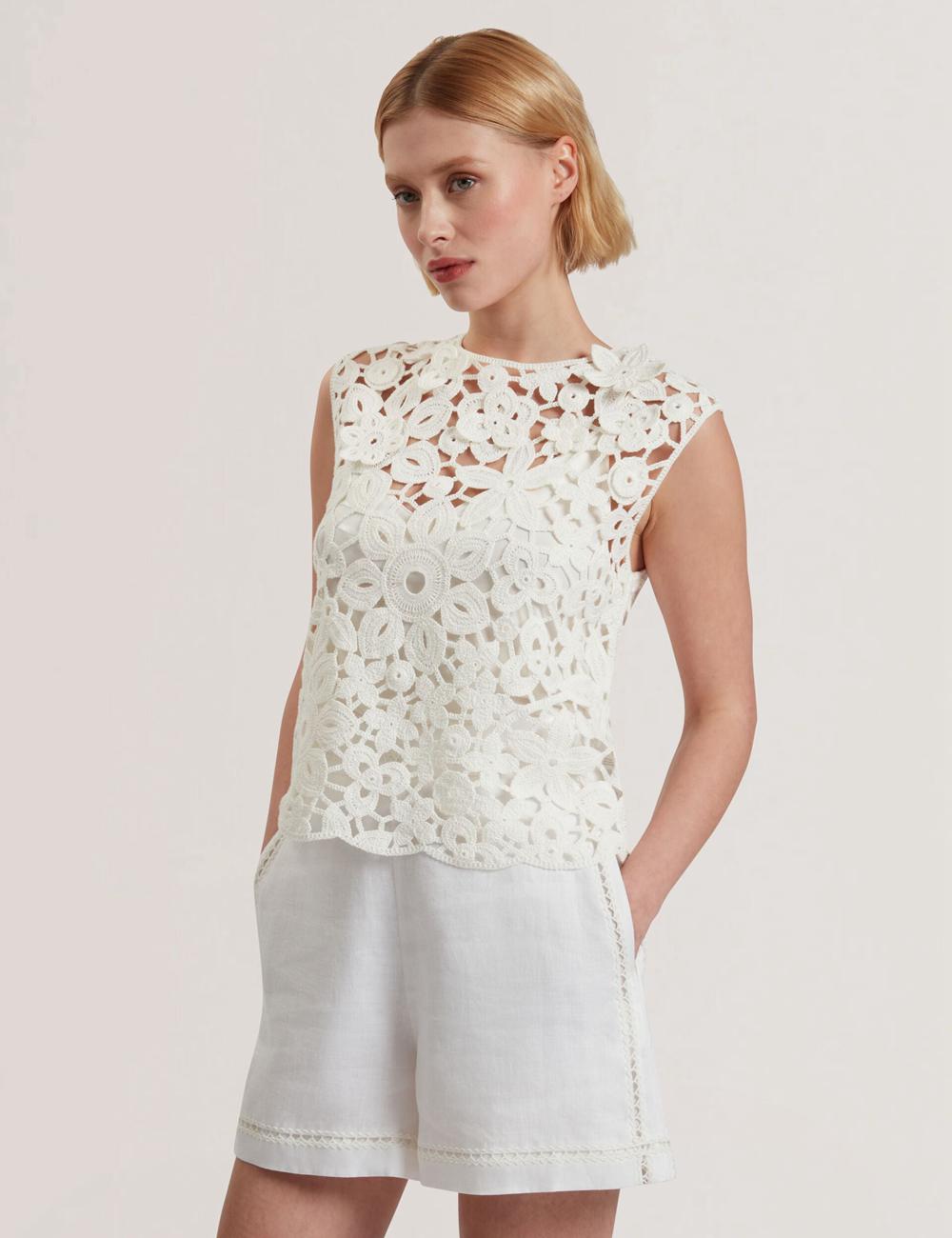 Women Ted Baker JOYYRA - Floral Crochet Knit Sleeveless Tops White | JDUT07452