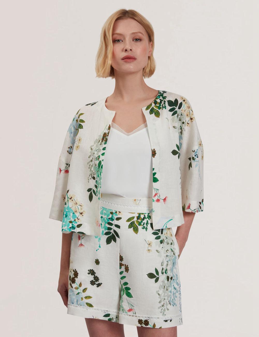 Women Ted Baker KALNA - Printed Linen Short Sleeve Cropped Shirt Tops White | TVBE37806