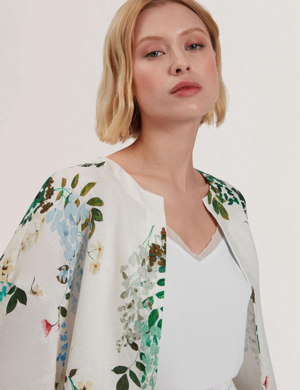 Women Ted Baker KALNA - Printed Linen Short Sleeve Cropped Shirt Tops White | TVBE37806