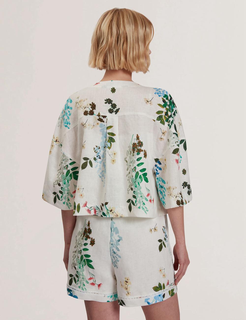Women Ted Baker KALNA - Printed Linen Short Sleeve Cropped Shirt Tops White | TVBE37806