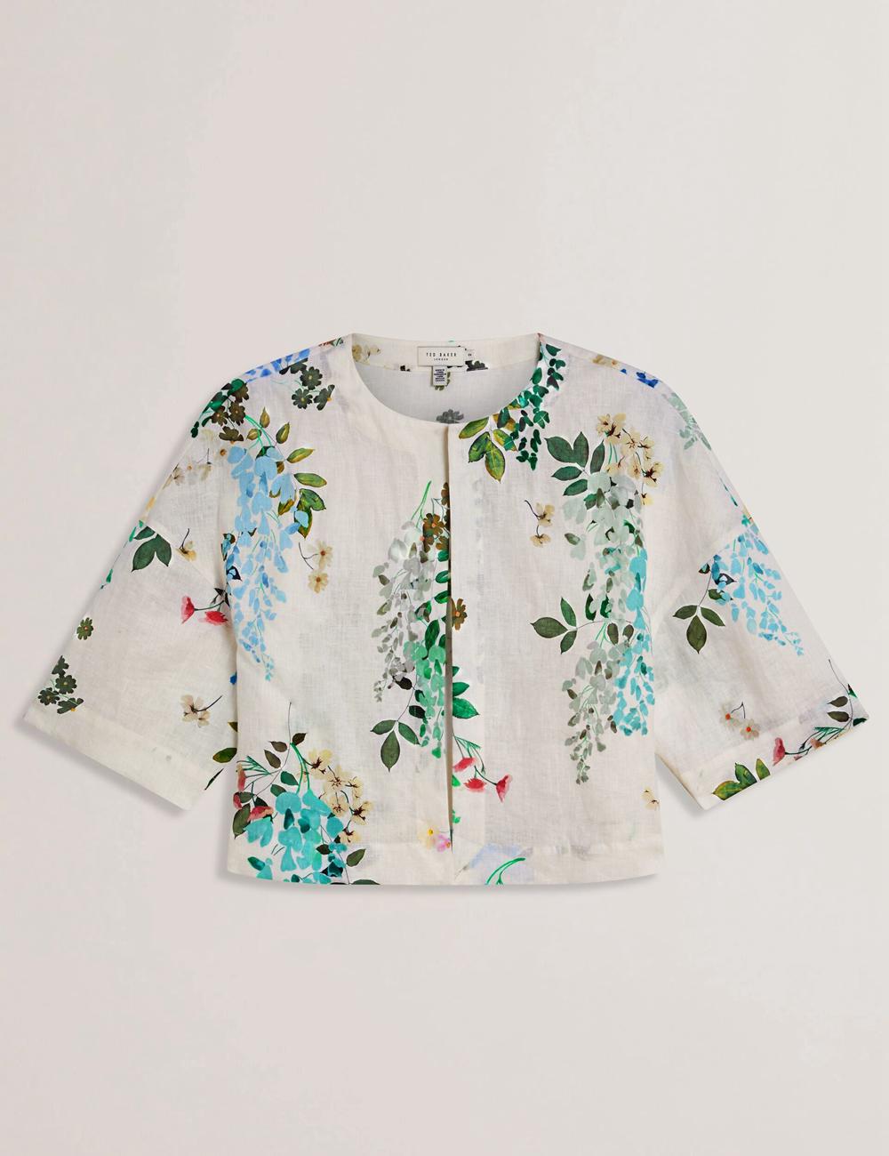 Women Ted Baker KALNA - Printed Linen Short Sleeve Cropped Shirt Tops White | TVBE37806