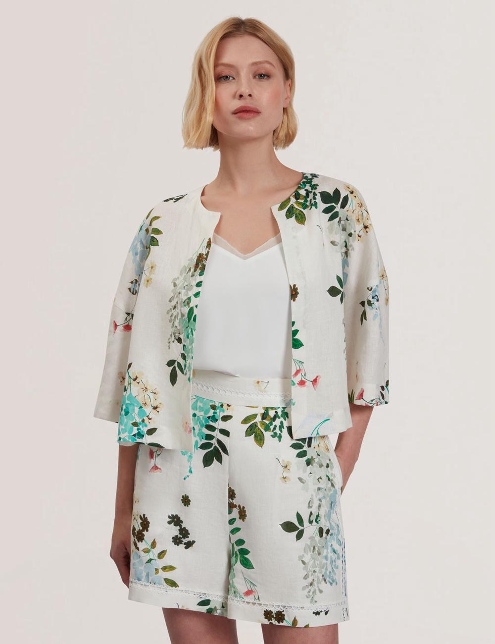 Women Ted Baker KALNA - Printed Linen Short Sleeve Cropped Shirt Tops White | TVBE37806