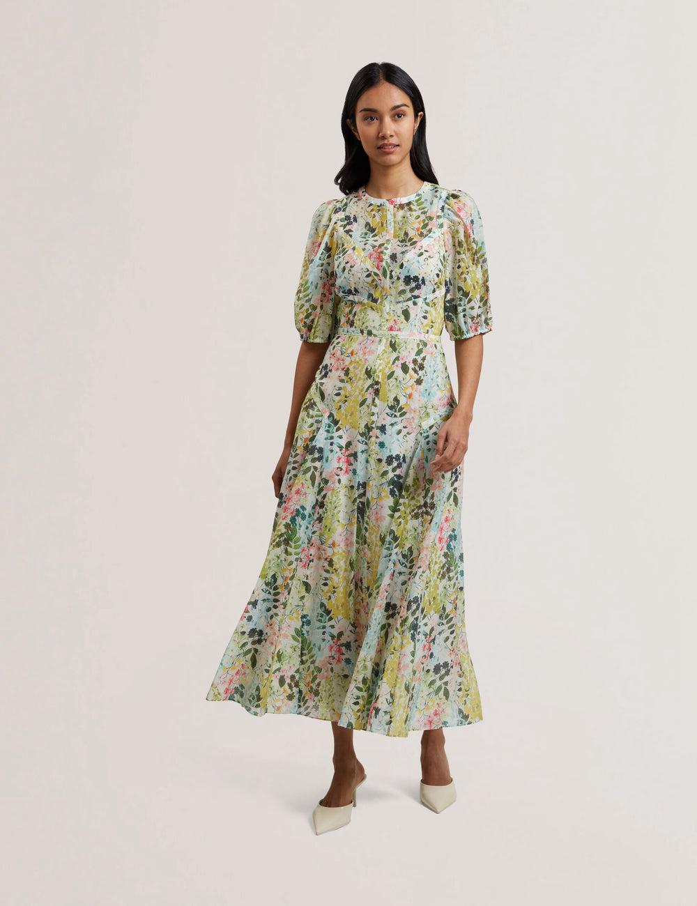 Women Ted Baker KANDEA - Floral Puff Sleeve A-Line Midi Dresses Ivory | ASHZ78301