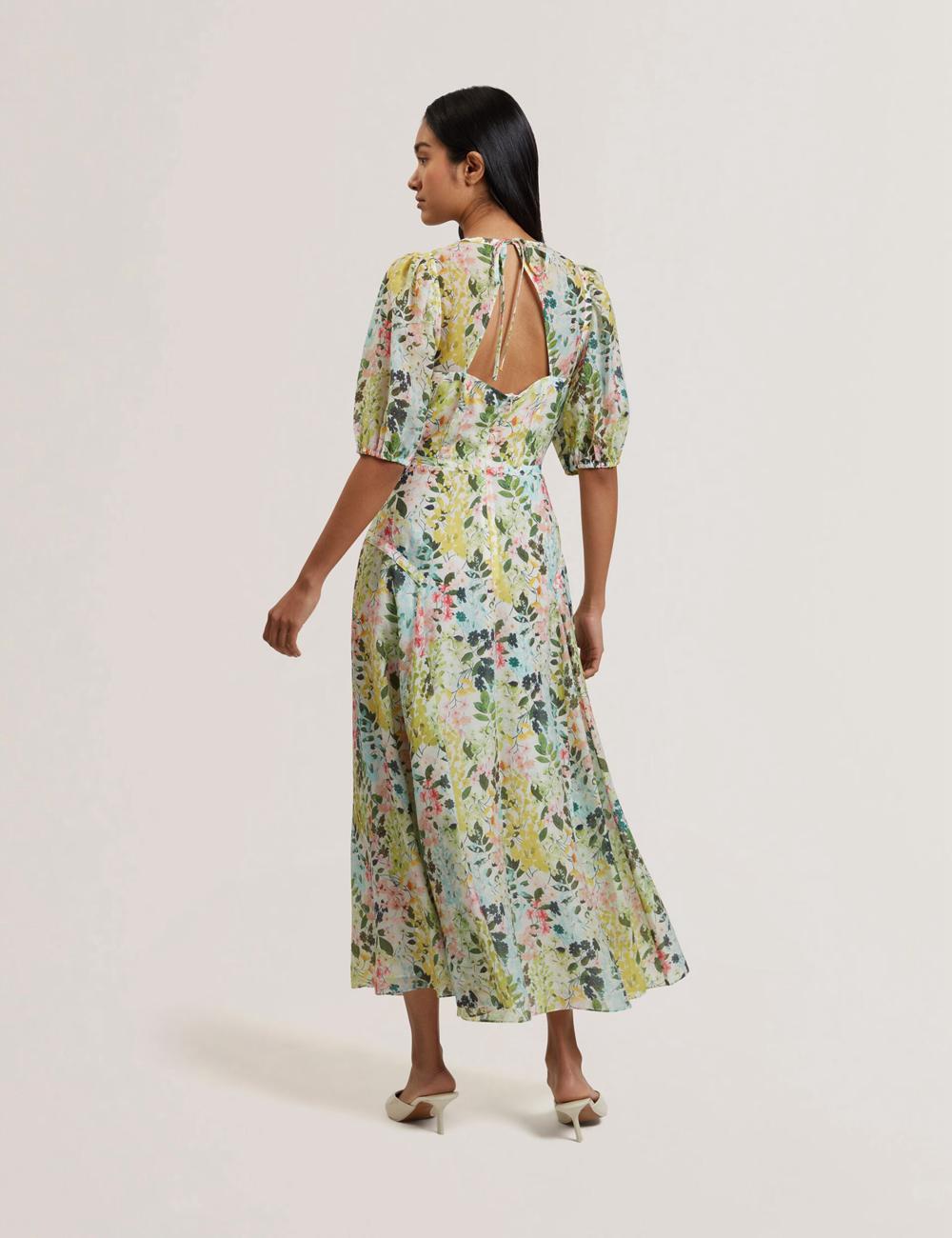 Women Ted Baker KANDEA - Floral Puff Sleeve A-Line Midi Dresses Ivory | ASHZ78301