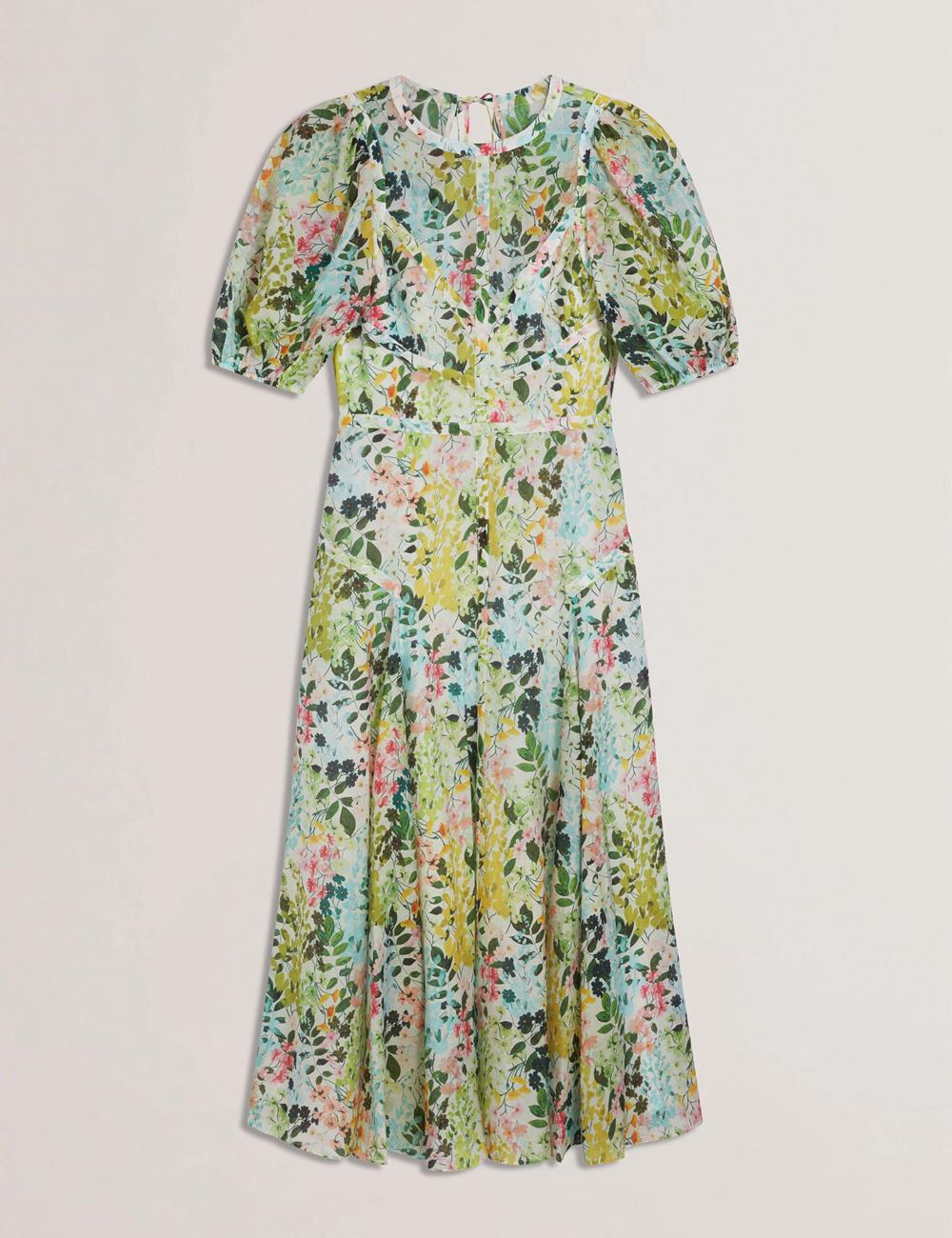 Women Ted Baker KANDEA - Floral Puff Sleeve A-Line Midi Dresses Ivory | ASHZ78301