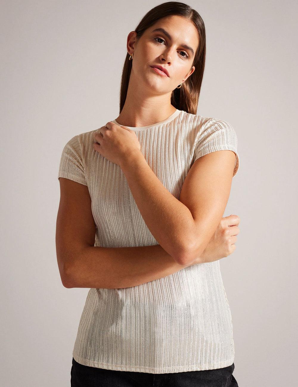 Women Ted Baker KATRINO - Metallic Short Sleeve Crew Neck Tops Gold | IJLX89142