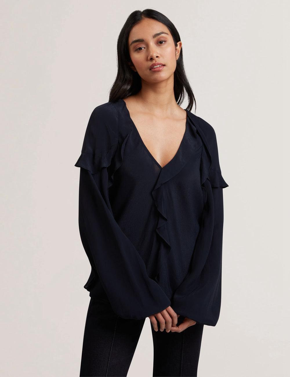 Women Ted Baker KAYFA - Waterfall Ruffle Trim Long Sleeve Blouses Navy | IQDM19576