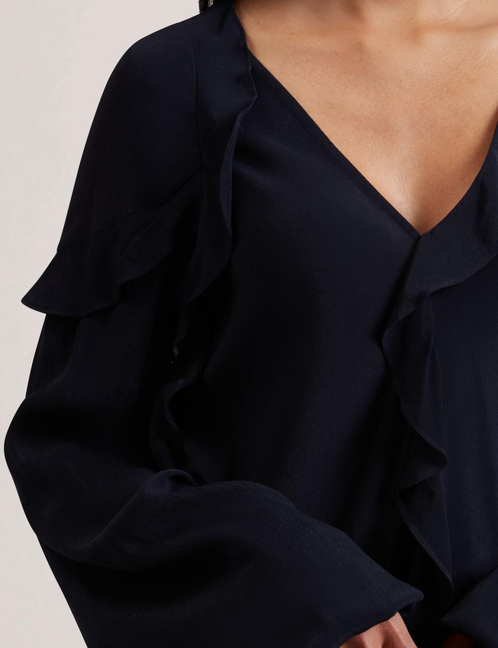 Women Ted Baker KAYFA - Waterfall Ruffle Trim Long Sleeve Blouses Navy | IQDM19576