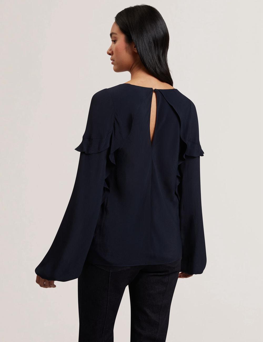 Women Ted Baker KAYFA - Waterfall Ruffle Trim Long Sleeve Blouses Navy | IQDM19576
