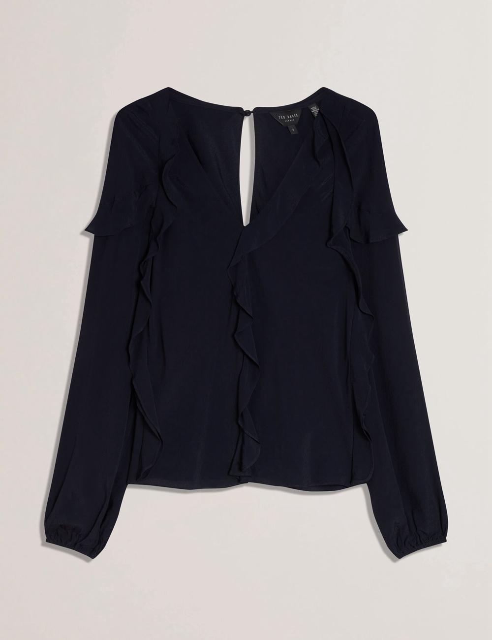 Women Ted Baker KAYFA - Waterfall Ruffle Trim Long Sleeve Blouses Navy | IQDM19576
