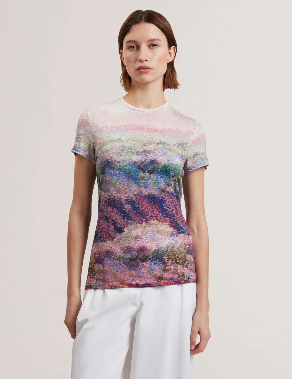 Women Ted Baker KAYTTE - Painted Print Crew Neck Fitted T-Shirts Mid-Pink | REBQ75420