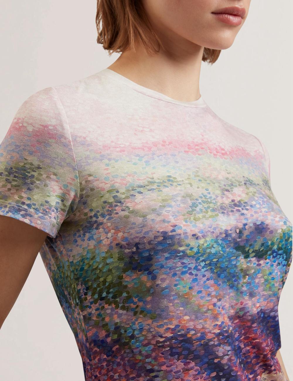 Women Ted Baker KAYTTE - Painted Print Crew Neck Fitted T-Shirts Mid-Pink | REBQ75420
