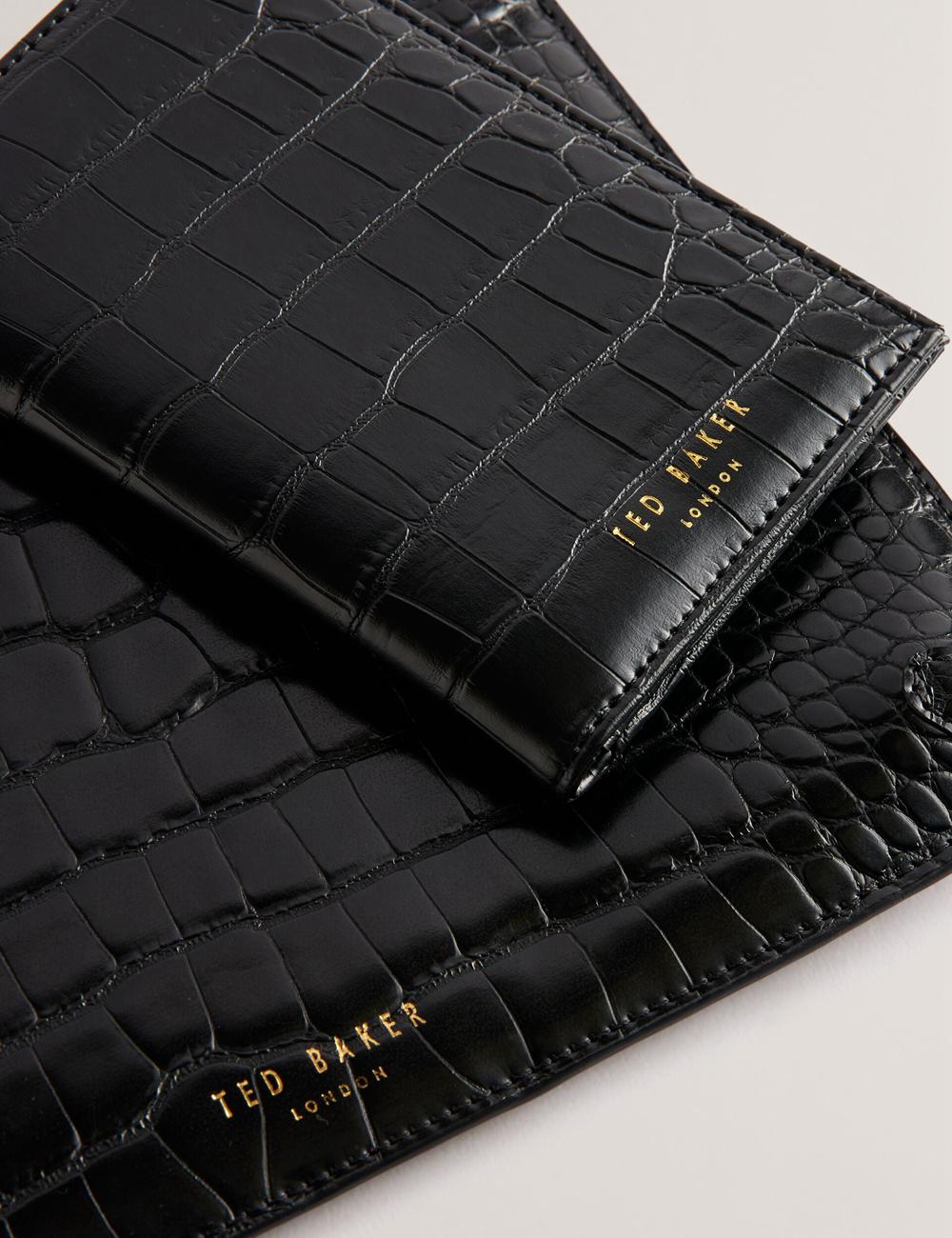 Women Ted Baker KELLIII - Croc Texture Passport Cover And Travel Pouch Travel Wallets Black | TLDI81592