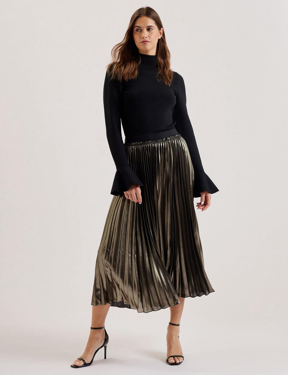Women Ted Baker KESE - Metallic Pleated A-Line Midi Skirts Gold | EDUB85069