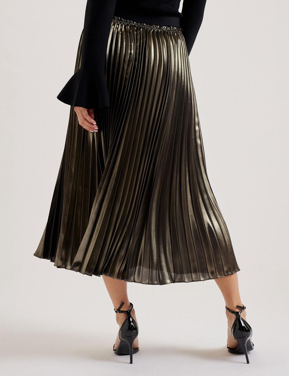 Women Ted Baker KESE - Metallic Pleated A-Line Midi Skirts Gold | EDUB85069