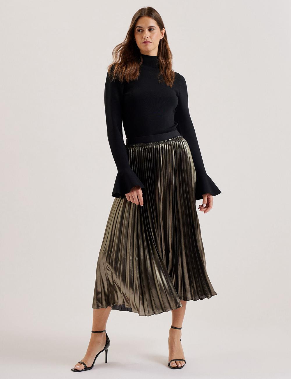 Women Ted Baker KESE - Metallic Pleated A-Line Midi Skirts Gold | EDUB85069