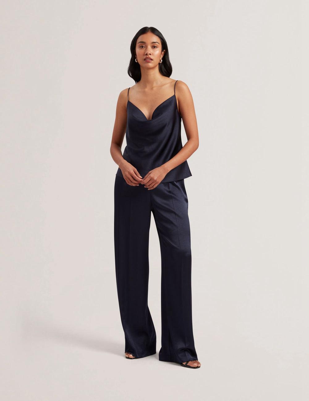 Women Ted Baker KITI - Satin Cowl Neck Strappy Cami Tops Navy | YCAO05389