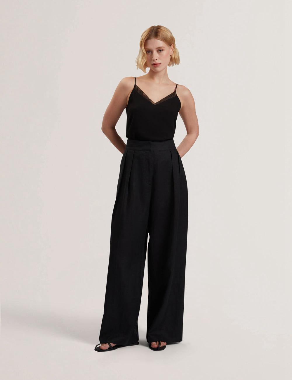 Women Ted Baker KYFAAT - Pure Linen Tailored Wide Leg Trousers Black | TKSV07862
