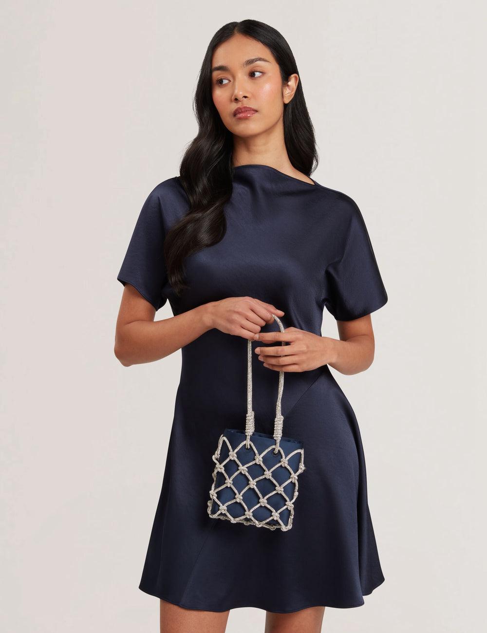 Women Ted Baker KYLIA - Crystal Cage Satin Mini Shoulder Bags Navy | MNWO27016