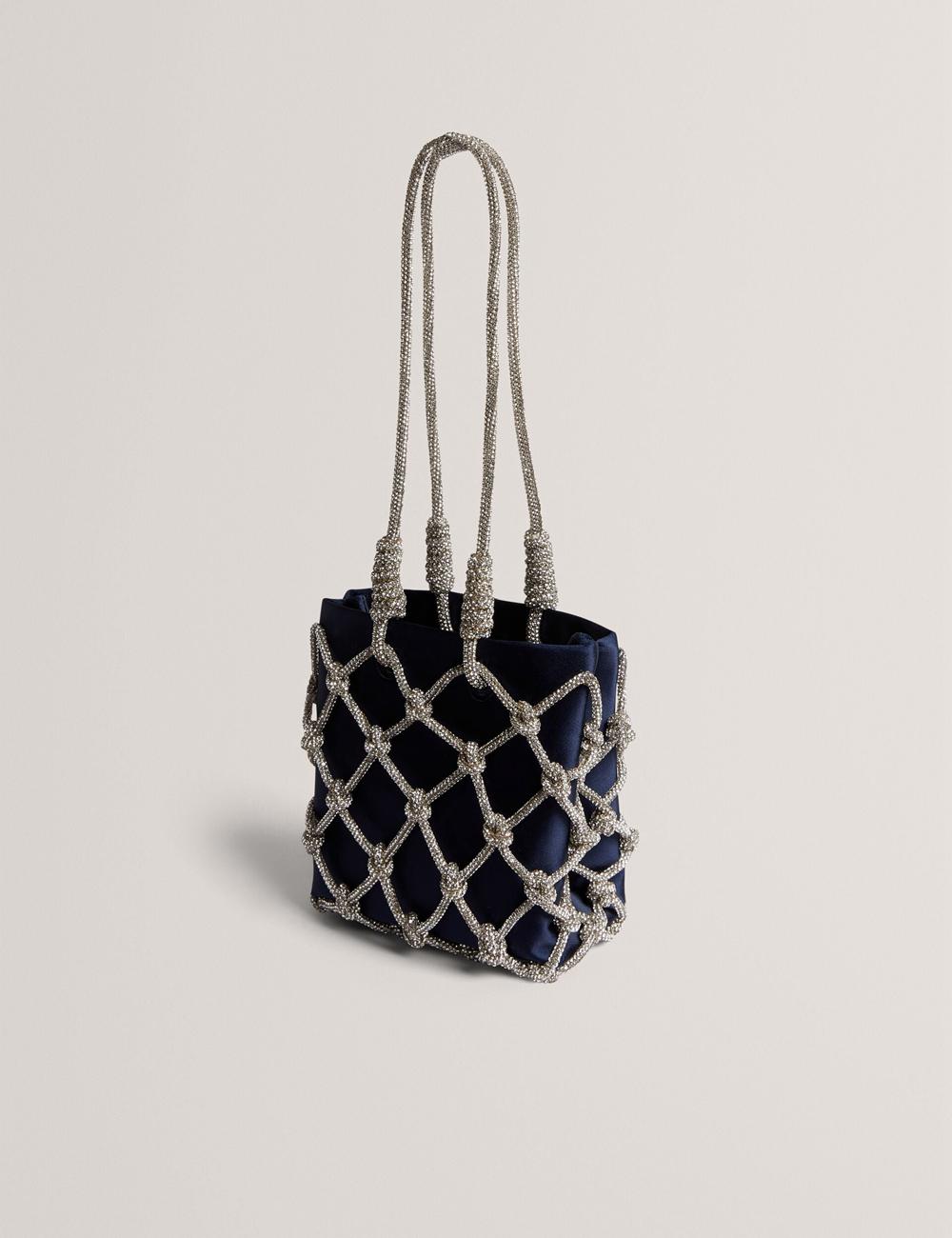 Women Ted Baker KYLIA - Crystal Cage Satin Mini Shoulder Bags Navy | MNWO27016