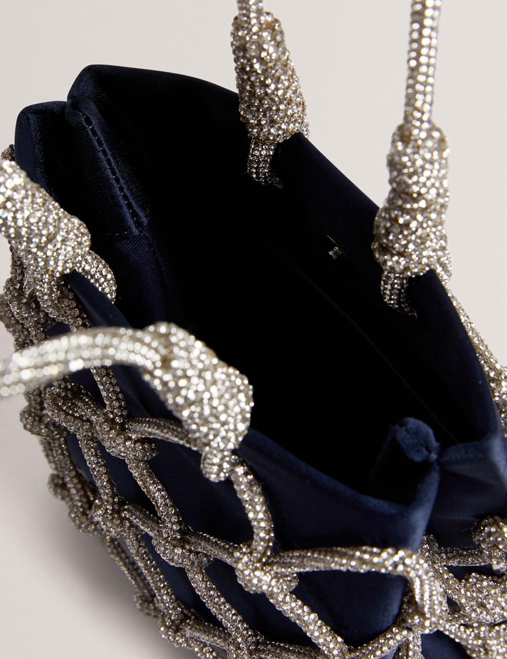 Women Ted Baker KYLIA - Crystal Cage Satin Mini Shoulder Bags Navy | MNWO27016