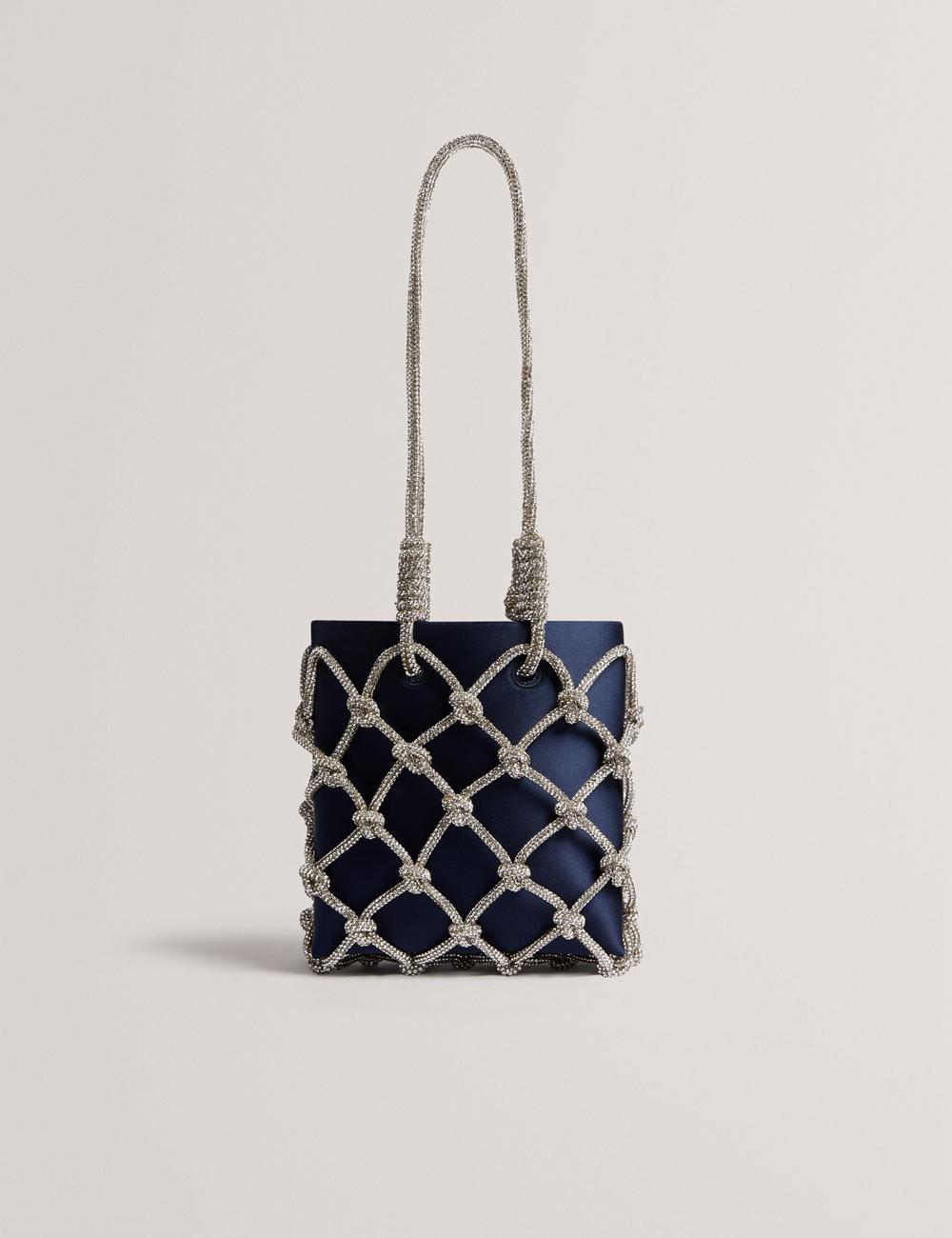 Women Ted Baker KYLIA - Crystal Cage Satin Mini Shoulder Bags Navy | MNWO27016
