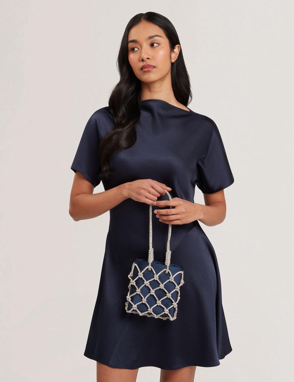 Women Ted Baker KYLIA - Crystal Cage Satin Mini Shoulder Bags Navy | MNWO27016