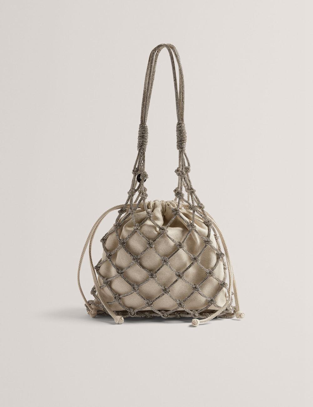 Women Ted Baker KYLISA - Crystal Cage Top Handle Canvas Bucket Bags Silver | NZQX46013
