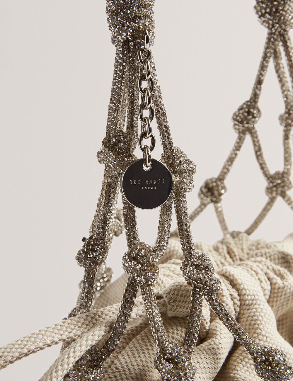 Women Ted Baker KYLISA - Crystal Cage Top Handle Canvas Bucket Bags Silver | NZQX46013