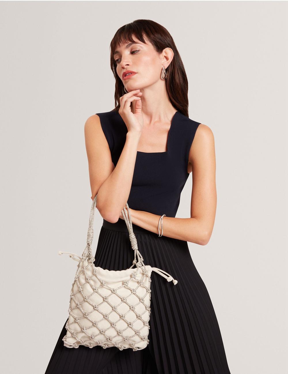 Women Ted Baker KYLISA - Crystal Cage Top Handle Canvas Bucket Bags Silver | NZQX46013