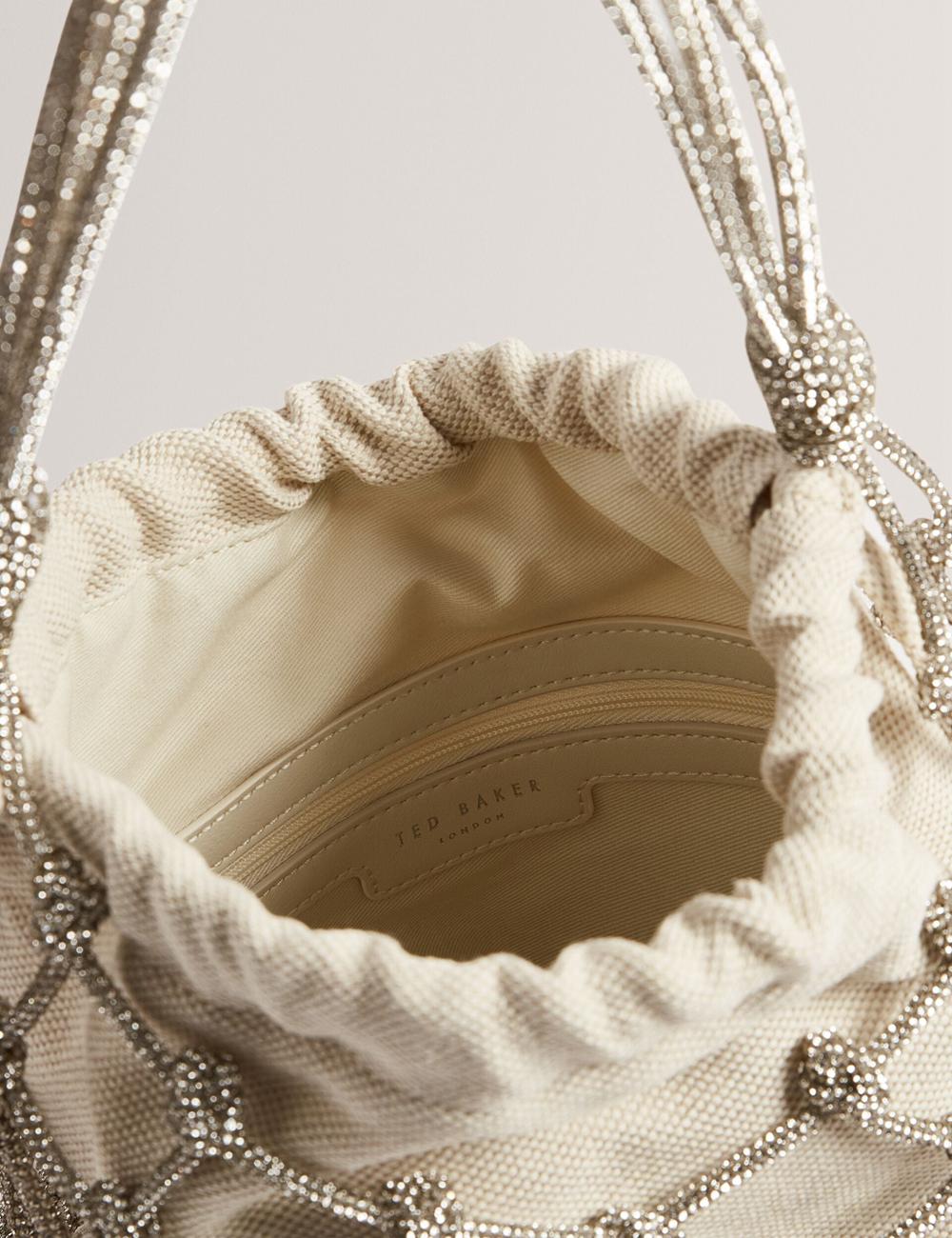 Women Ted Baker KYLISA - Crystal Cage Top Handle Canvas Bucket Bags Silver | NZQX46013
