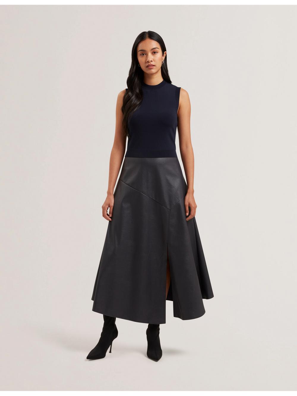 Women Ted Baker LABASA - Sleeveless Knit Faux Leather Midi Dresses Navy | AUVH67281