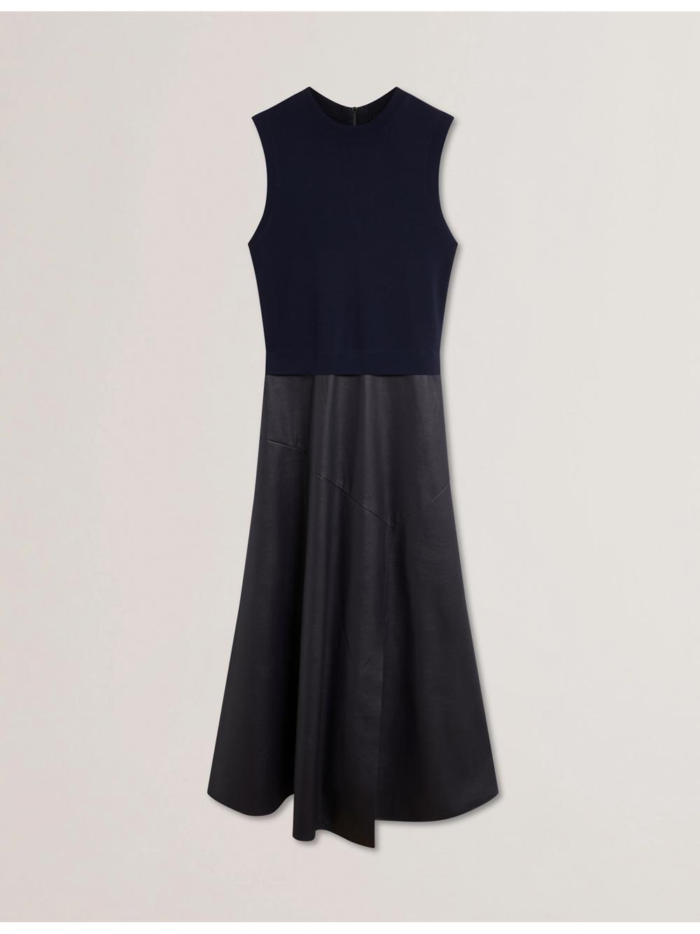Women Ted Baker LABASA - Sleeveless Knit Faux Leather Midi Dresses Navy | AUVH67281