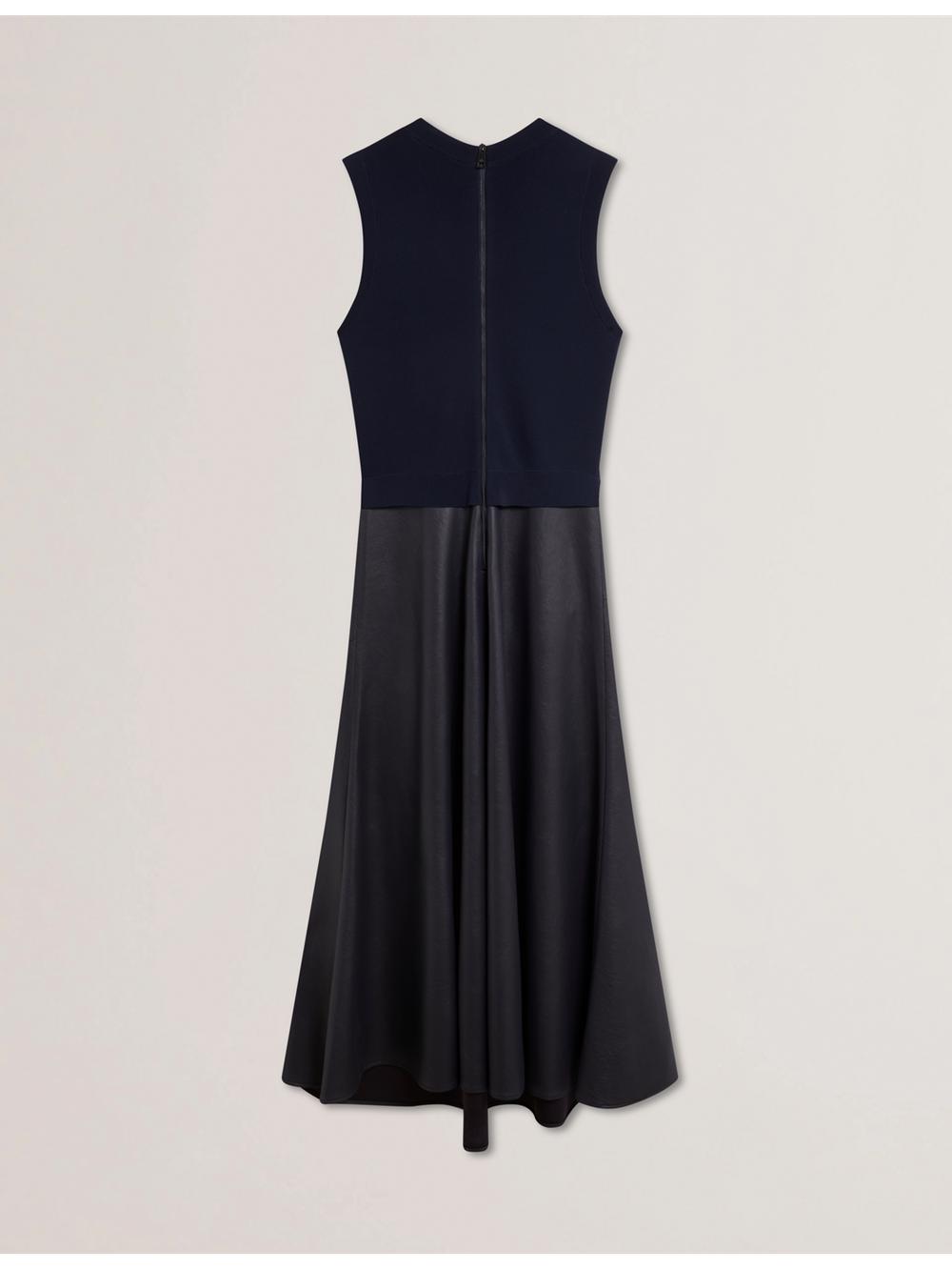 Women Ted Baker LABASA - Sleeveless Knit Faux Leather Midi Dresses Navy | AUVH67281