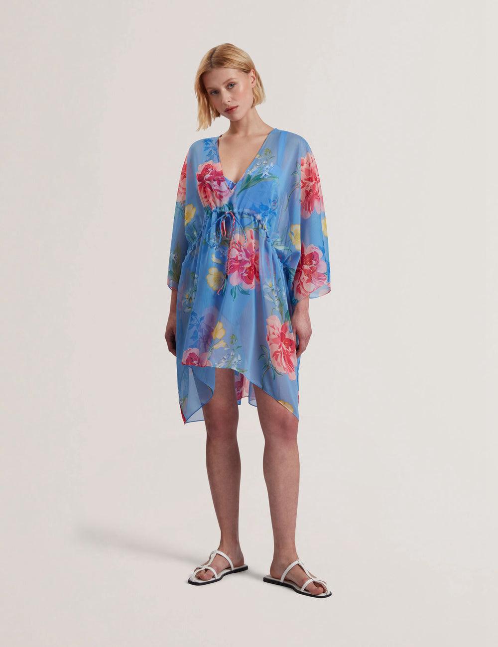 Women Ted Baker LARJA - Floral Print Chiffon Mini Beach Kaftan Cover Ups Blue | LFVJ26915