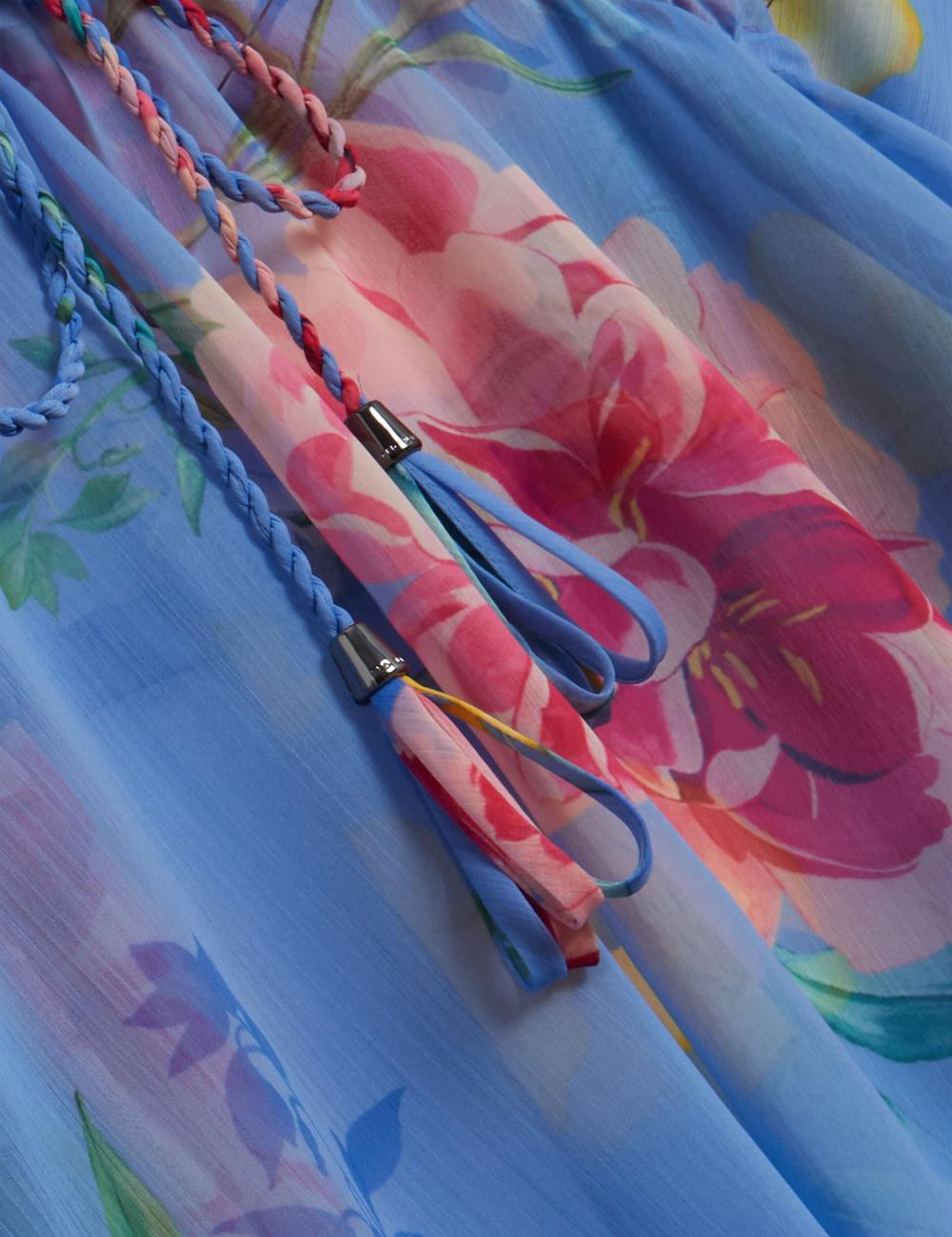 Women Ted Baker LARJA - Floral Print Chiffon Mini Beach Kaftan Cover Ups Blue | LFVJ26915