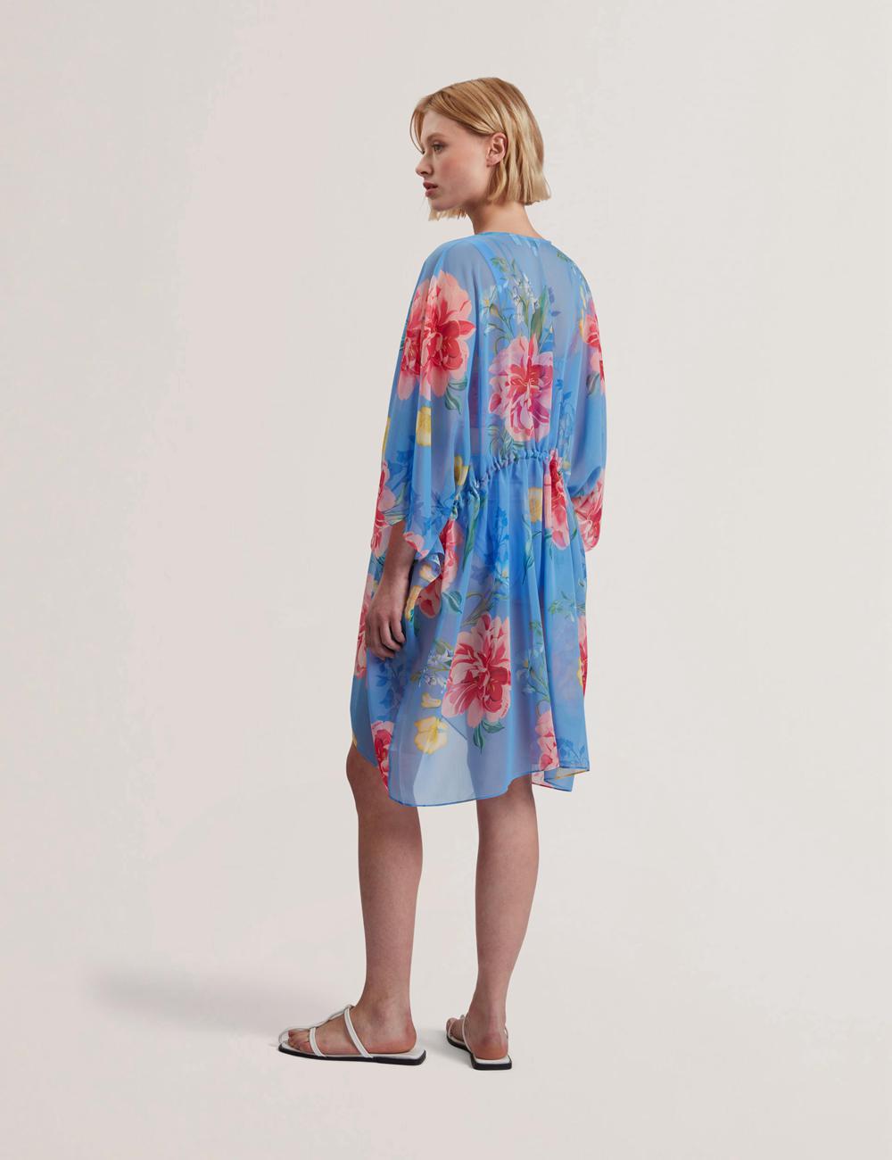 Women Ted Baker LARJA - Floral Print Chiffon Mini Beach Kaftan Cover Ups Blue | LFVJ26915