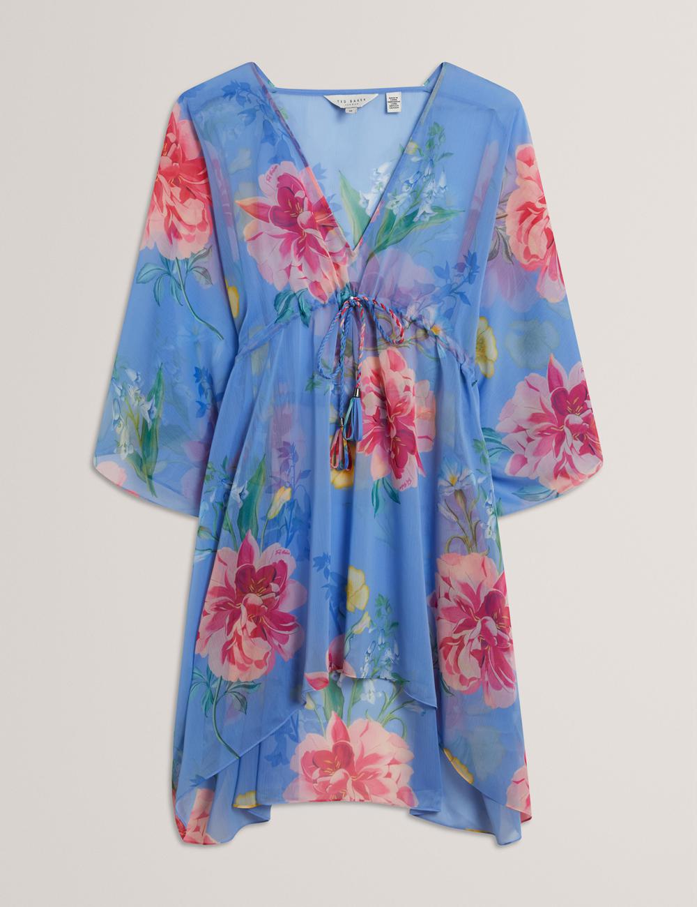 Women Ted Baker LARJA - Floral Print Chiffon Mini Beach Kaftan Cover Ups Blue | LFVJ26915