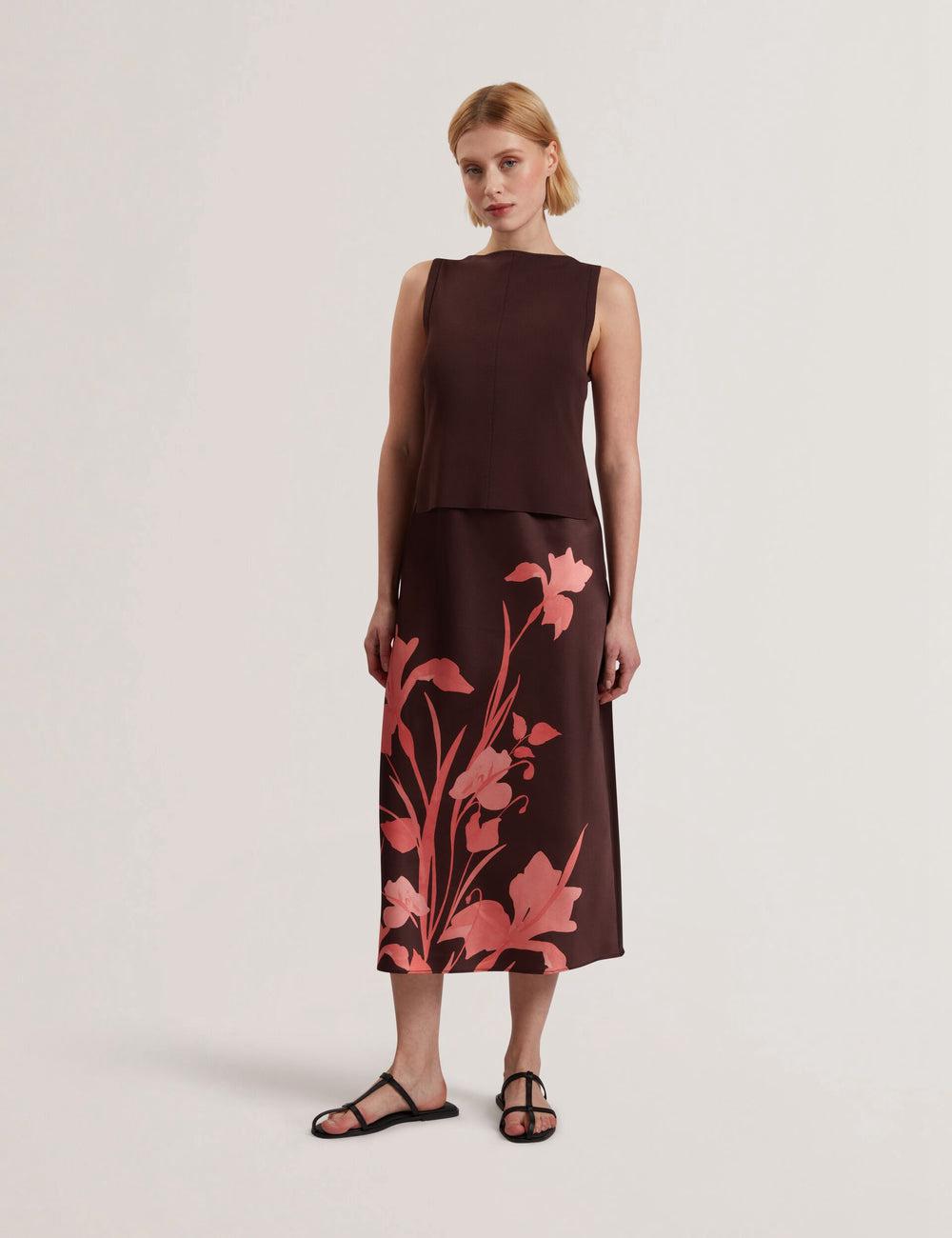 Women Ted Baker LATTENA - Printed Satin With Removable Tank Midi Dresses Dk-Brown | OAYS58027