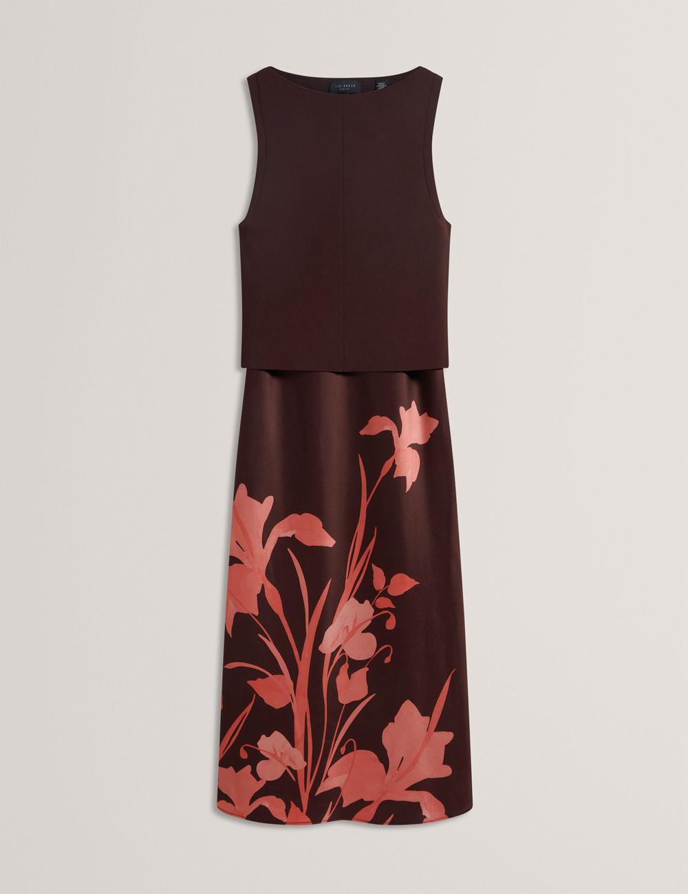 Women Ted Baker LATTENA - Printed Satin With Removable Tank Midi Dresses Dk-Brown | OAYS58027