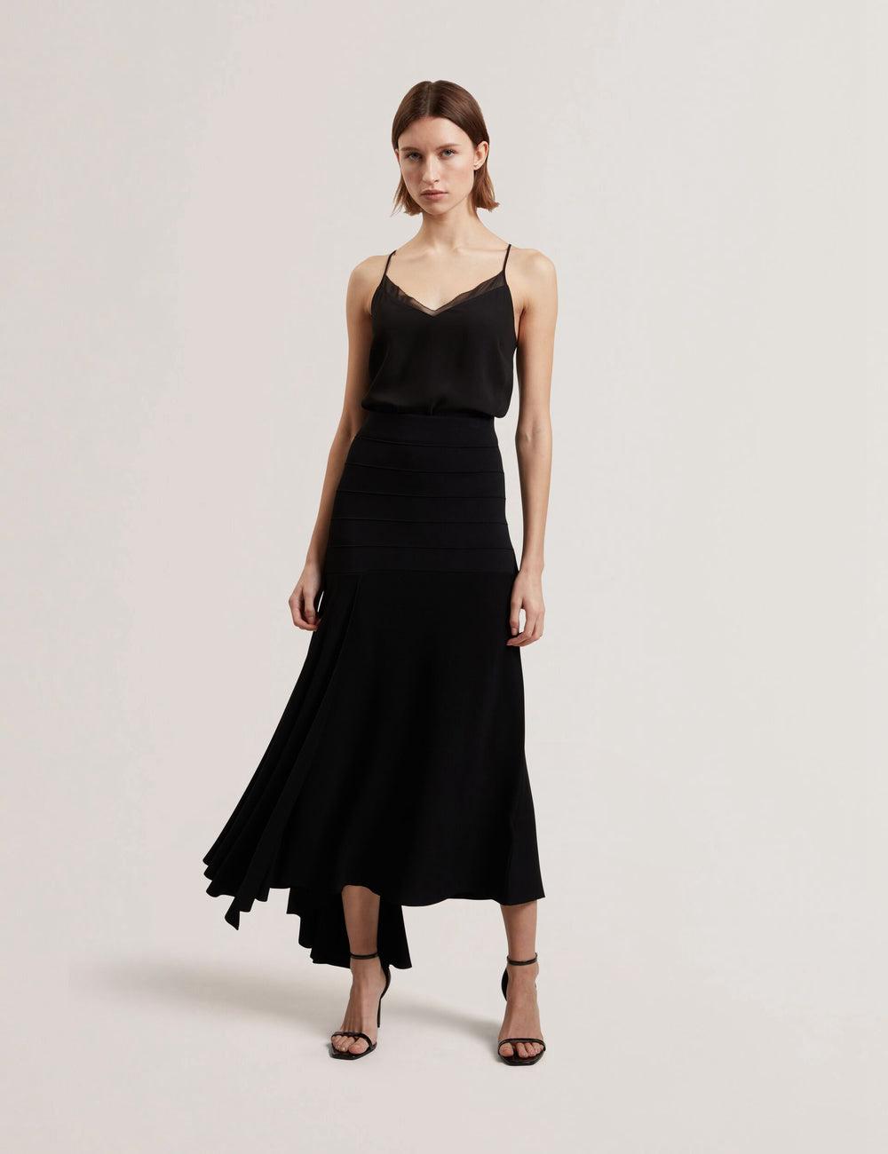 Women Ted Baker LAURRIE - Asymmetric Waterfall Hem Knitted Midi Skirts Black | YRZM76259