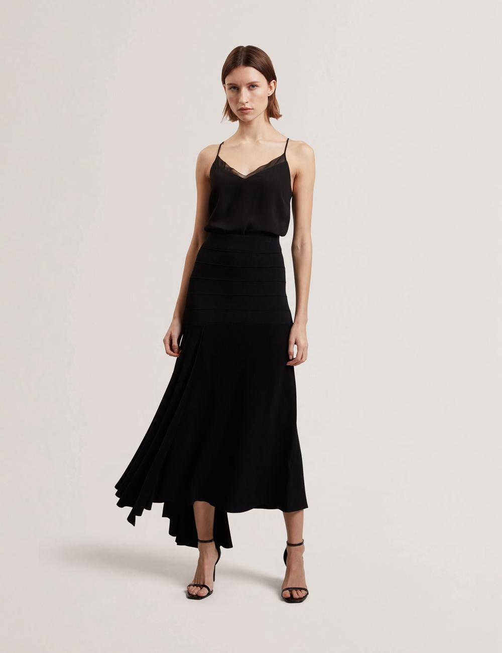 Women Ted Baker LAURRIE - Asymmetric Waterfall Hem Knitted Midi Skirts Black | YRZM76259