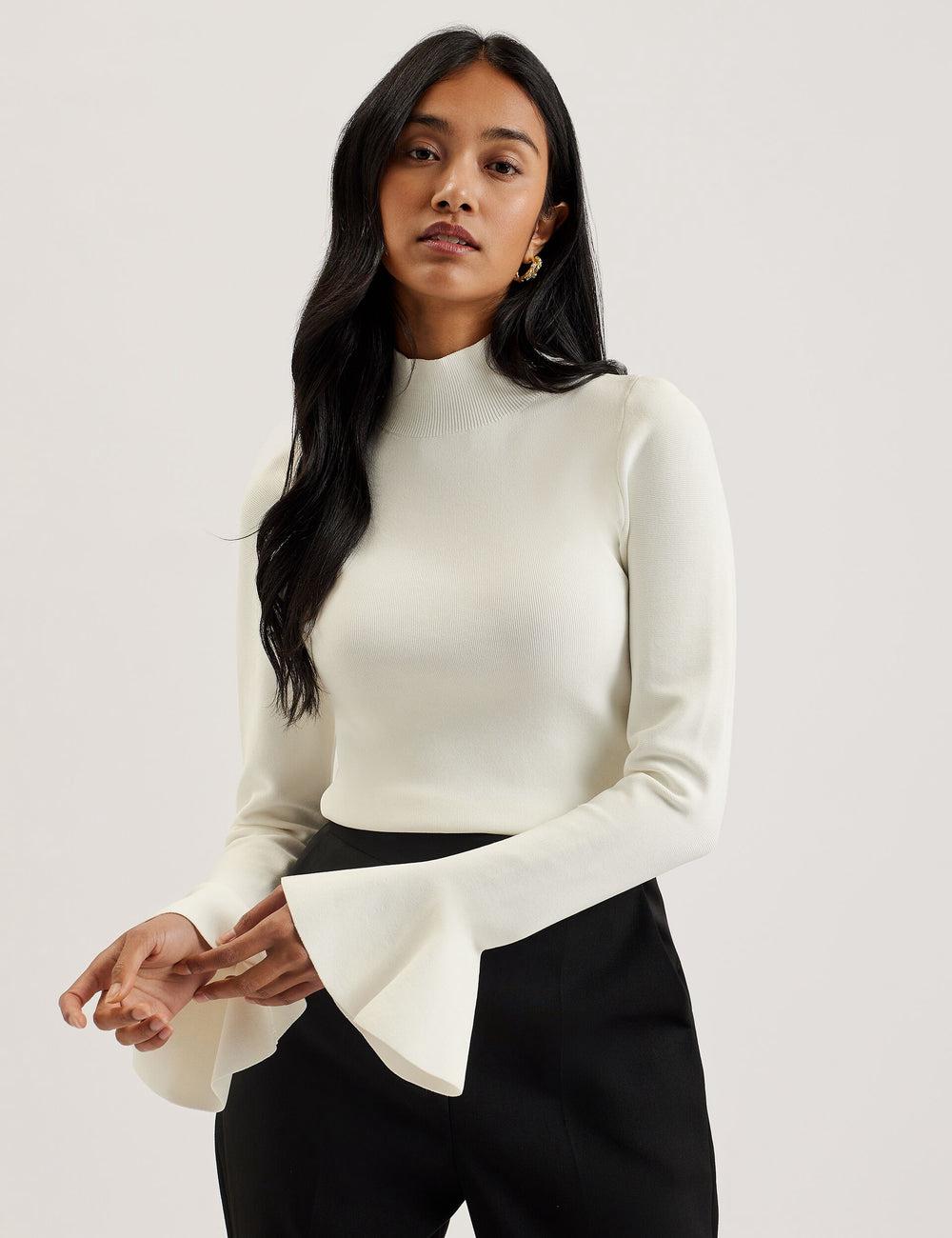 Women Ted Baker LAYNHA - Flared Sleeve High Neck Knitted Top Jumpers Ivory | JXBR02964