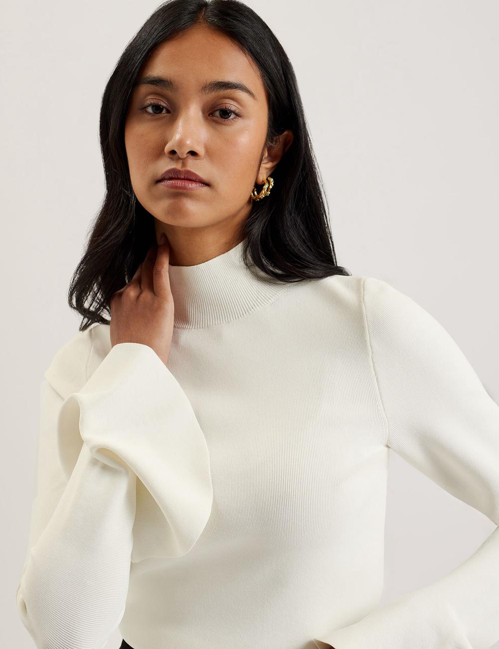 Women Ted Baker LAYNHA - Flared Sleeve High Neck Knitted Top Jumpers Ivory | JXBR02964