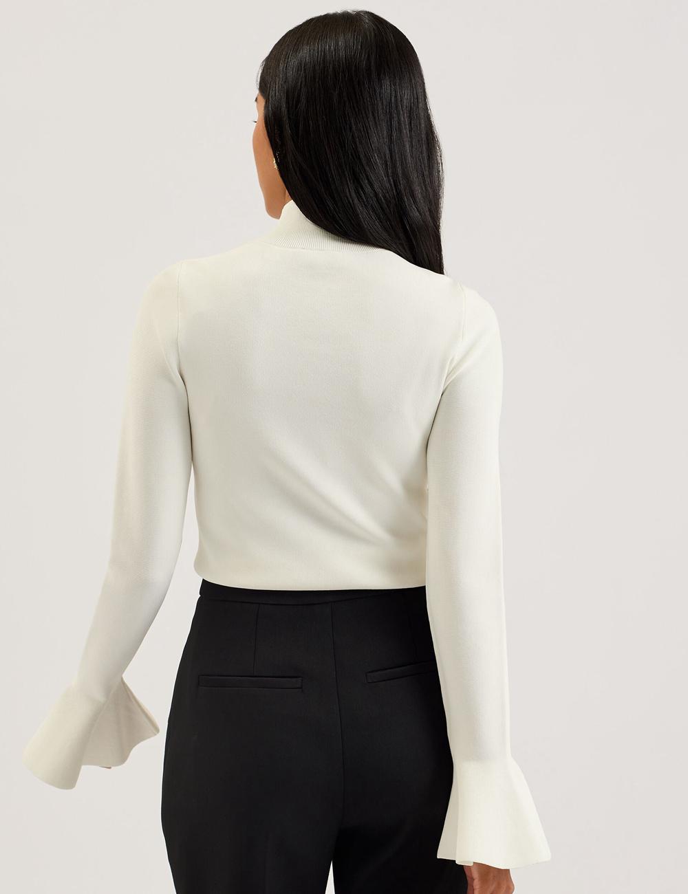 Women Ted Baker LAYNHA - Flared Sleeve High Neck Knitted Top Jumpers Ivory | JXBR02964