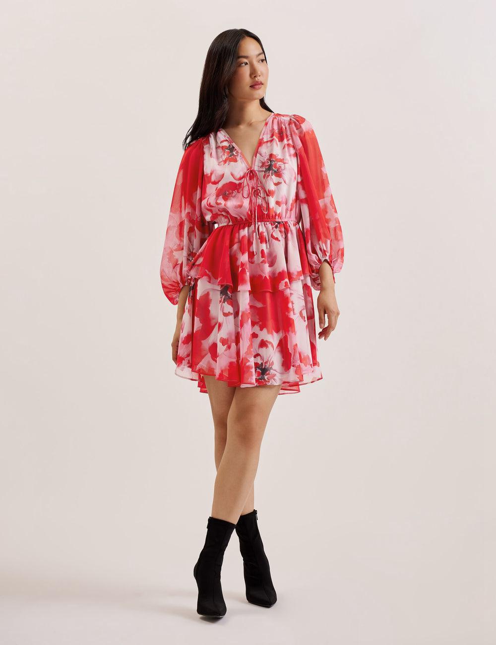 Women Ted Baker LEYNA - Floral Chiffon Front Mini Dresses Red | RIBK65378